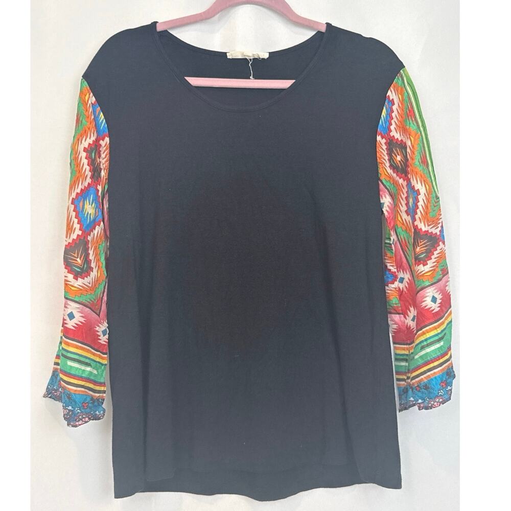 Johnny Was Calme Womens Scarf Sleeve Top Size XS Black Boho Aztec